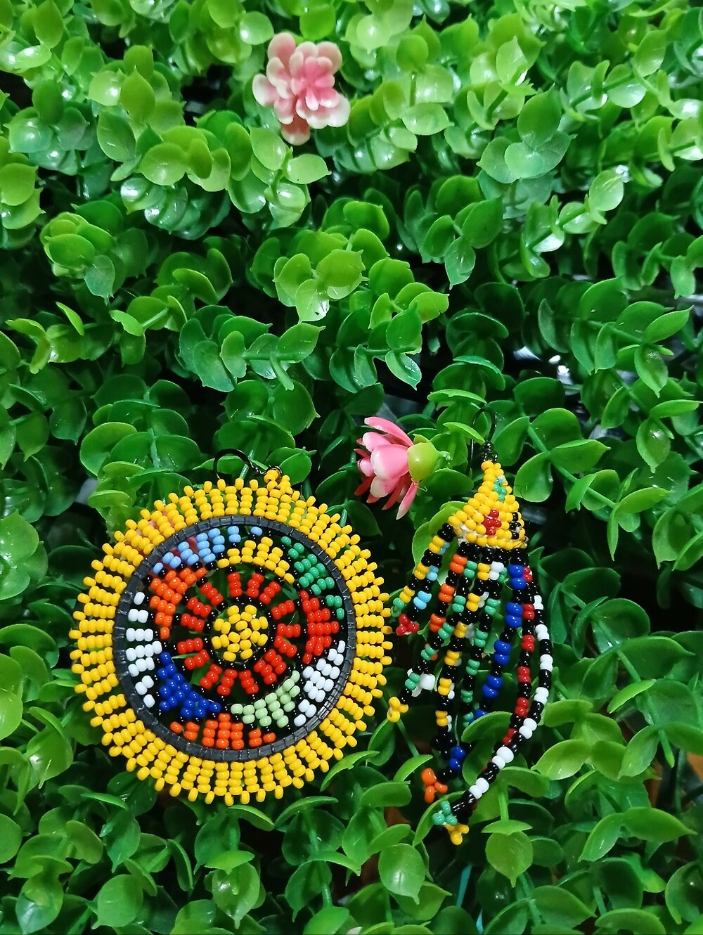 Handmade Beaded Statement Earrings in Yellow and Multicolor